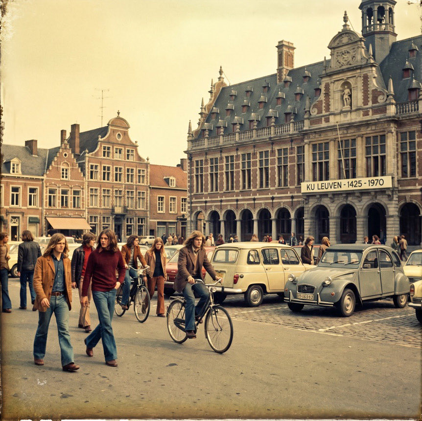 Studenten op de Grote Markt in Leuven, begin jaren '70